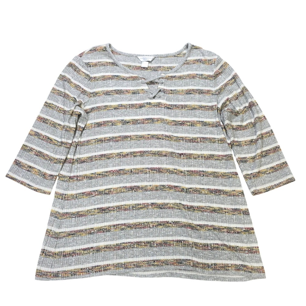 Christopher & Banks Petite Ribbed Knit Top Women's Size XL Grey Striped Lace Up
